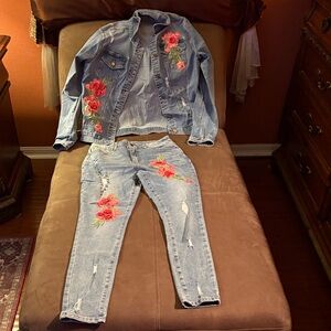 Floral Embroidered Denim Jacket and Jeans Set